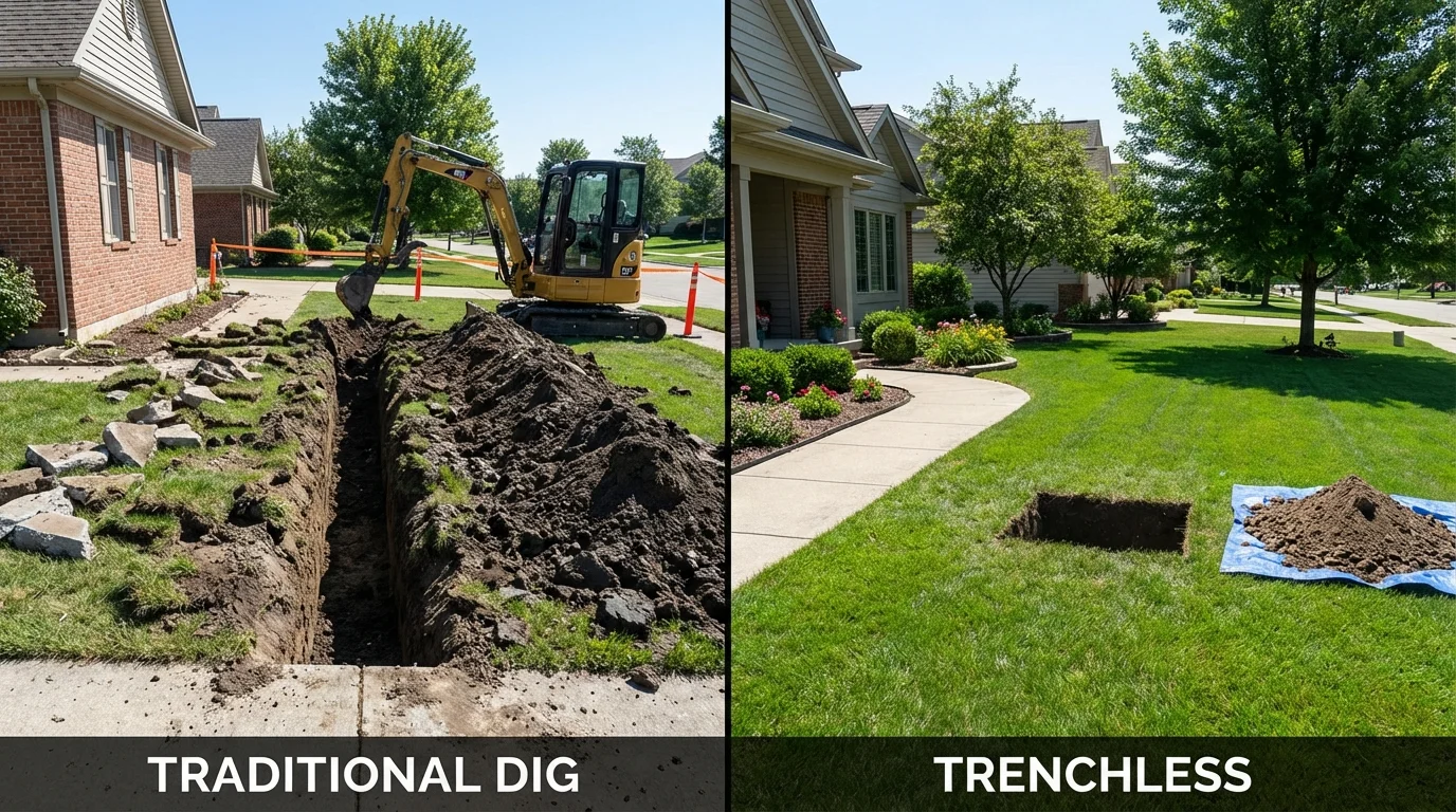 Trenchless sewer repair with minimal yard damage versus traditional excavation in Blair, WI